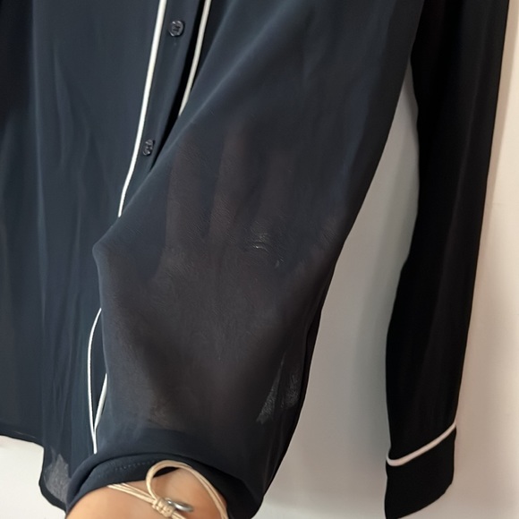 MICHAEL Michael Kors Navy Blue Sheer Long Sleeve Button Down Blouse - Picture 3 of 6